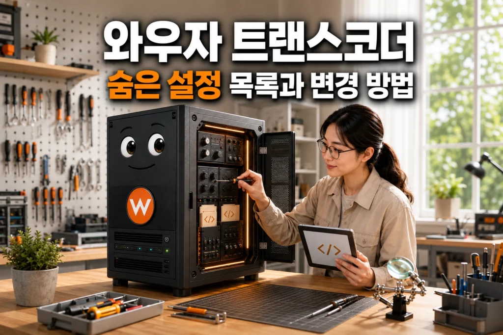 와우자 스트리밍 엔진 트랜스코더의 숨겨진 옵션을 조정하는 엔지니어를 묘사한 가로 섬네일