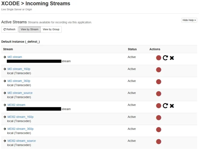 MD.stream과 MD82.stream에 동일한 Fallback 템플릿이 적용된 출력 스트림 목록