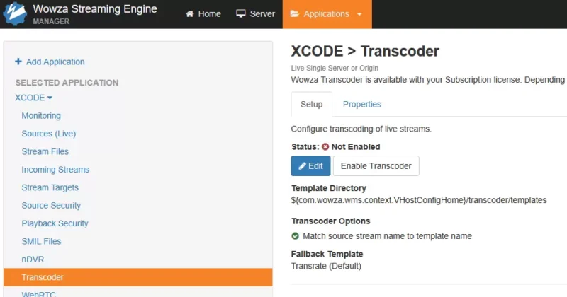 와우자 스트리밍 엔진 어플리케이션의 Transcoder 메뉴와 Enable Transcoder 버튼