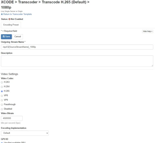 Transcode H.265 기본 템플릿의 1080p 프리셋에서 출력 이름, H.265 코덱과 비트레이트를 설정하는 화면
