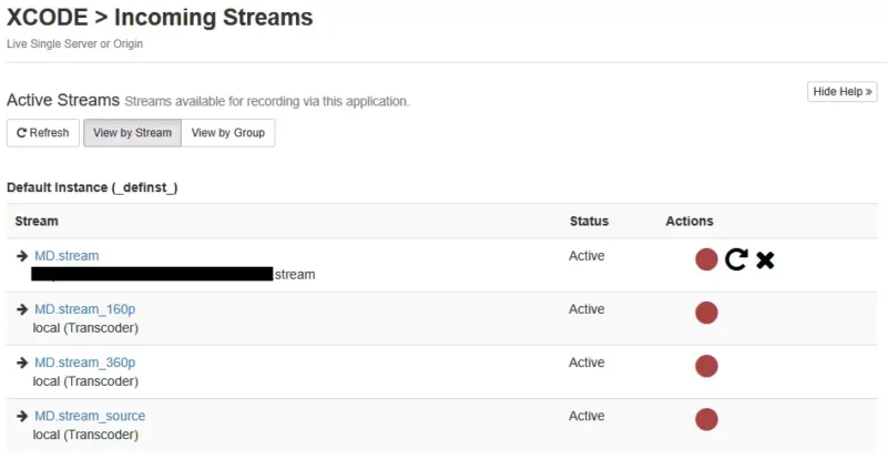 와우자 스트리밍 엔진의 Incoming Streams 화면에 원본 MD.stream과 트랜스코딩된 160p, 360p, source 스트림이 Active 상태로 표시된 모습