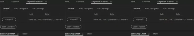 Adobe Audition에서 Clip1부터 Clip3까지 측정한 라우드니스가 각각 -23.65, -23.87, -23.76 LUFS로 표시된 화면