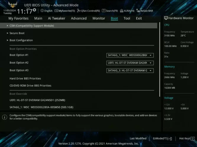 ASUS UEFI BIOS의 Boot 메뉴에 CSM과 Secure Boot 설정 항목이 표시된 화면
