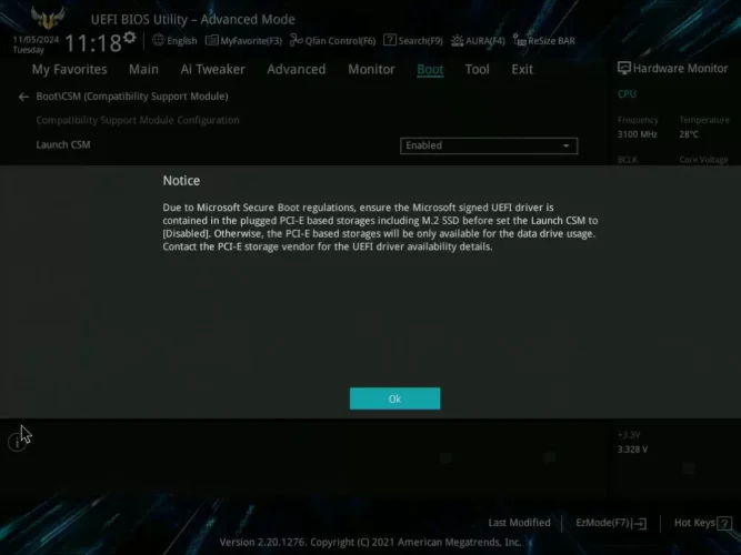 ASUS UEFI BIOS에서 CSM을 비활성화할 때 표시되는 Secure Boot 경고 메시지