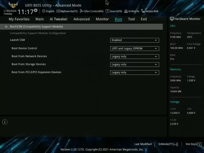 ASUS UEFI BIOS의 CSM 설정에서 Launch CSM이 Enabled로 지정된 화면
