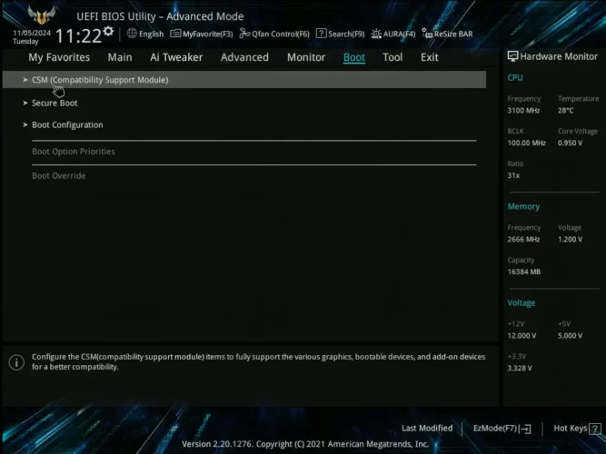 CSM 비활성화 후 ASUS UEFI BIOS의 Boot 메뉴에서 부팅 장치가 표시되지 않는 화면
