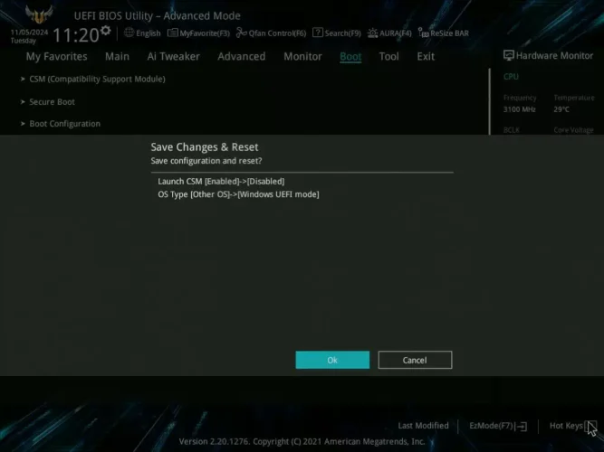 ASUS UEFI BIOS에서 Launch CSM 비활성화와 Windows UEFI mode 변경을 저장하는 화면