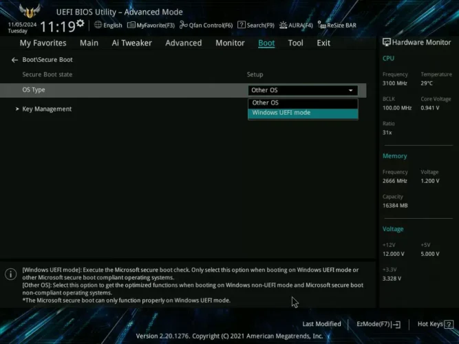 ASUS UEFI BIOS의 Secure Boot 화면에서 Windows UEFI mode를 선택하는 모습