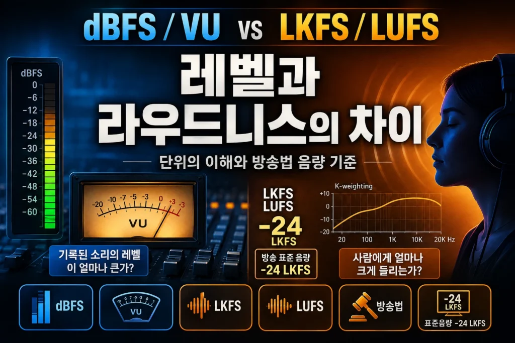 dBFS·VU의 오디오 레벨과 LKFS·LUFS의 라우드니스 차이, -24 LKFS 방송 표준 음량 규정과 제정 배경을 설명한 가로 섬네일