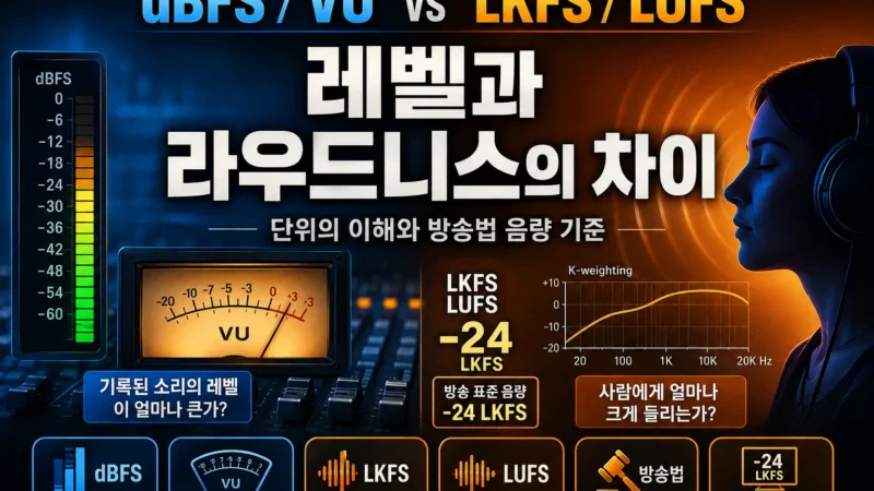 dBFS·VU의 오디오 레벨과 LKFS·LUFS의 라우드니스 차이, -24 LKFS 방송 표준 음량 규정과 제정 배경을 설명한 가로 섬네일