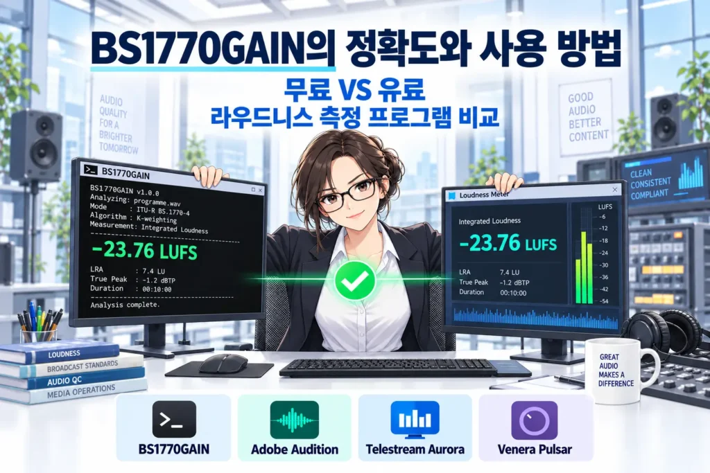 BS1770GAIN의 정확도와 사용 방법을 설명하기 위해 무료·유료 라우드니스 측정 결과를 비교하는 엔지니어를 묘사한 가로 섬네일