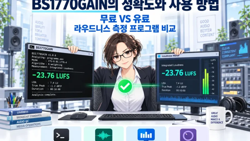 BS1770GAIN의 정확도와 사용 방법을 설명하기 위해 무료·유료 라우드니스 측정 결과를 비교하는 엔지니어를 묘사한 가로 섬네일