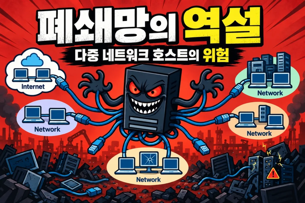 여러 네트워크에 동시에 연결된 Multi-homed Host가 폐쇄망 사이의 경계를 우회하고 보안 구조를 무너뜨릴 수 있는 위험을 표현한 가로 섬네일 이미지