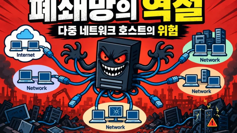 여러 네트워크에 동시에 연결된 Multi-homed Host가 폐쇄망 사이의 경계를 우회하고 보안 구조를 무너뜨릴 수 있는 위험을 표현한 가로 섬네일 이미지