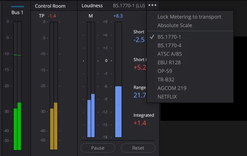 DaVinci Resolve Fairlight의 Loudness 메뉴에 BS.1770과 ATSC A/85 등 측정 규격이 표시된 화면