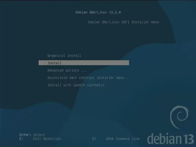 데비안 GNU/Linux 13.2.0 UEFI 설치 메뉴에서 Install을 선택한 화면