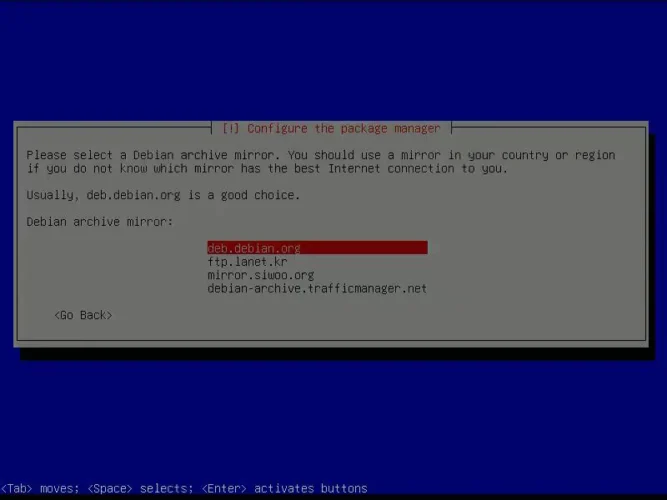 데비안 패키지 미러 목록에서 deb.debian.org를 선택한 화면