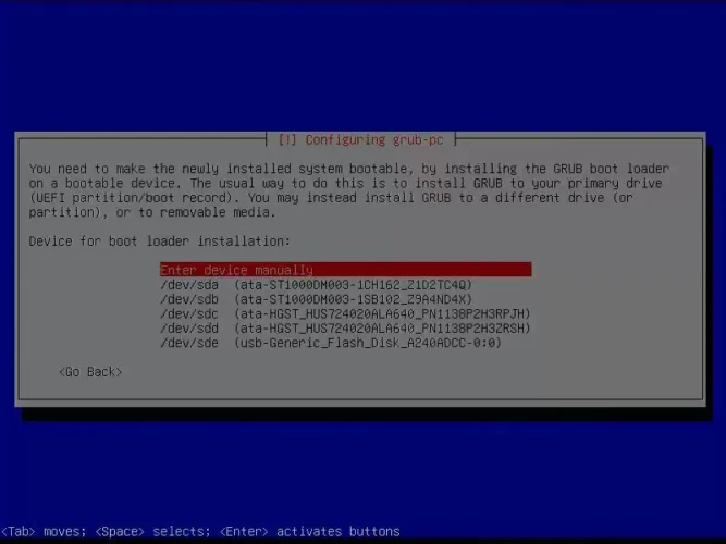 데비안 GRUB 설치 장치 목록에서 Enter device manually를 선택한 화면
