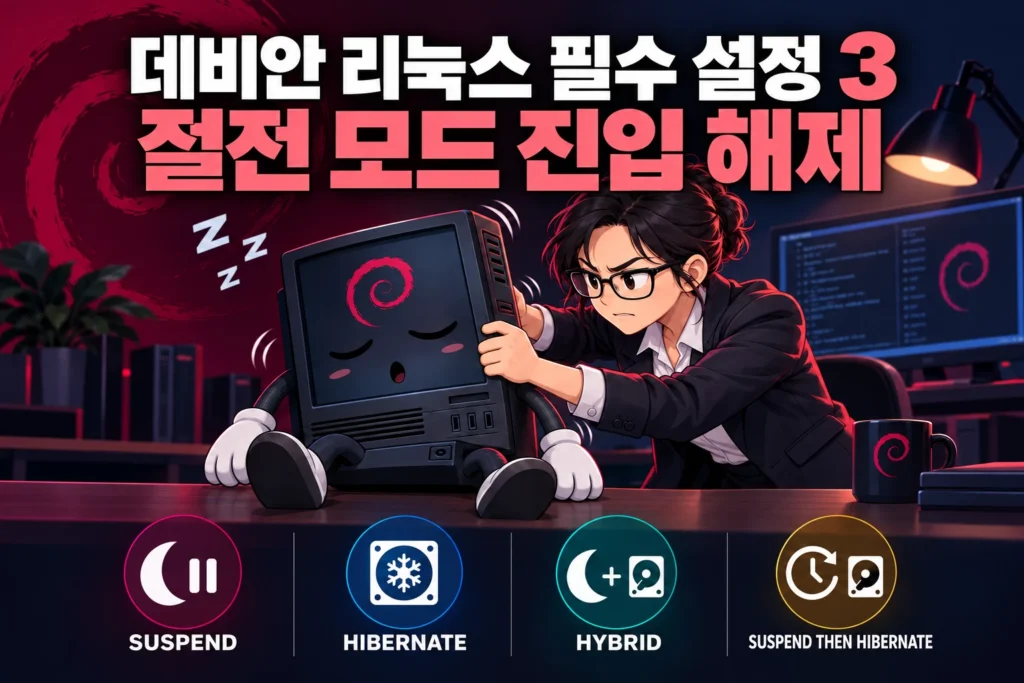 데비안 리눅스 절전 모드 진입을 막기 위해 잠든 PC를 흔들어 깨우는 엔지니어와 절전 방식 4종 아이콘 가로 섬네일
