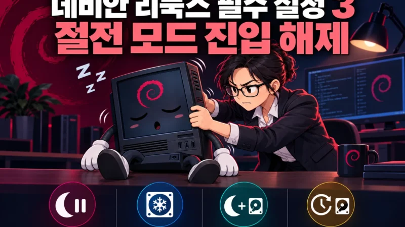 데비안 리눅스 절전 모드 진입을 막기 위해 잠든 PC를 흔들어 깨우는 엔지니어와 절전 방식 4종 아이콘 가로 섬네일