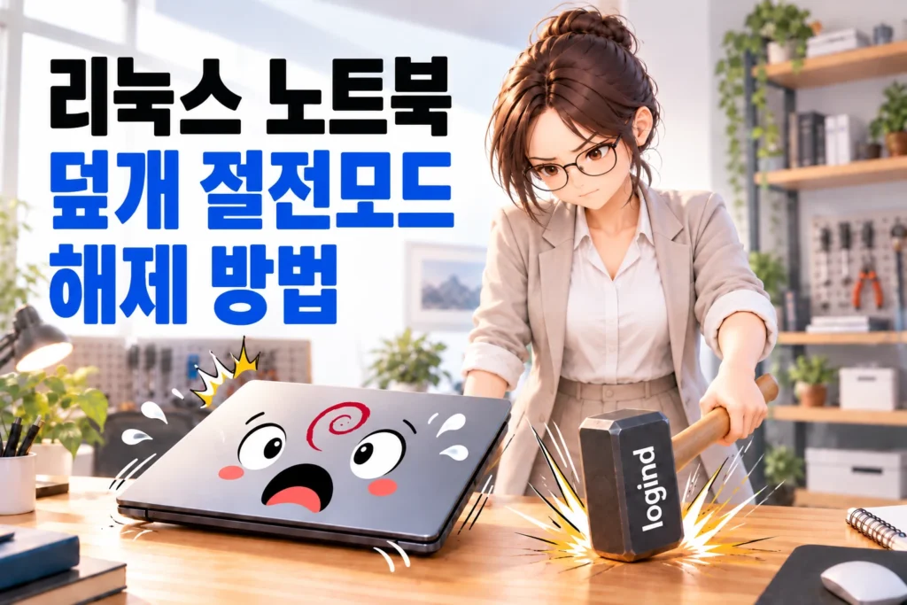 덮개를 덮은 상태로 절전 모드 진입한 데비안 리눅스 노트북을 logind를 이용해 깨우는 엔지니어를 묘사한 섬네일 이미지