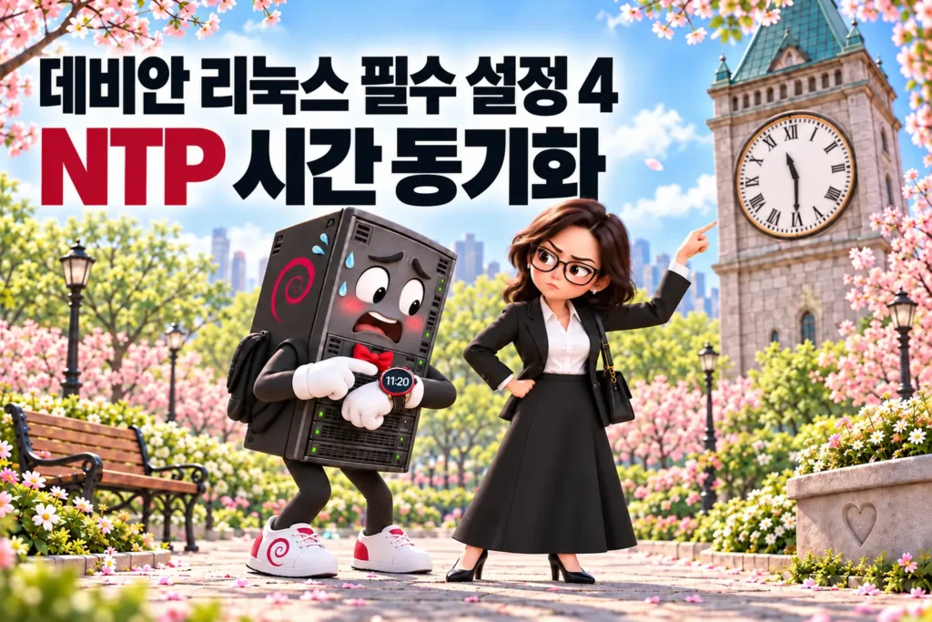 NTP 시간 동기화가 되지 않은 데비안 리눅스 서버의 문제를 데이트 하는 연인에 비유한 가로 섬네일 이미지