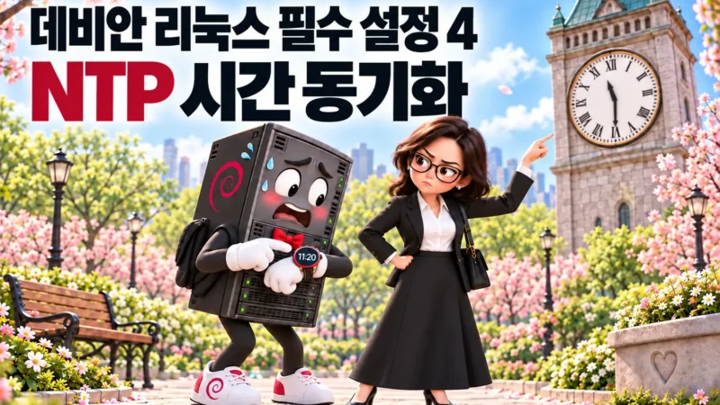 NTP 시간 동기화가 되지 않은 데비안 리눅스 서버의 문제를 데이트 하는 연인에 비유한 가로 섬네일 이미지