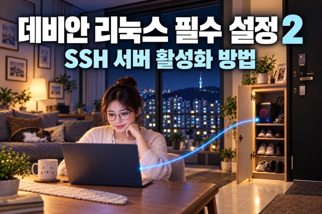 데비안 리눅스 서버에 SSH를 이용해 원격 접속 작업을 하고 있는 엔지니어를 묘사한 가로 섬네일