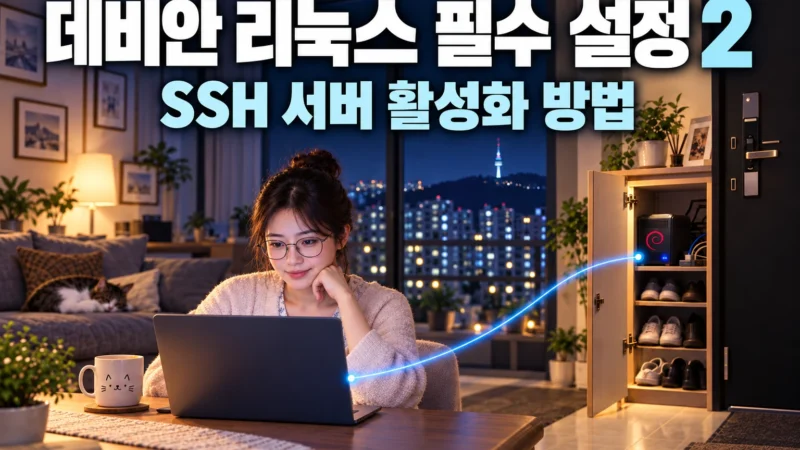 데비안 리눅스 서버에 SSH를 이용해 원격 접속 작업을 하고 있는 엔지니어를 묘사한 가로 섬네일