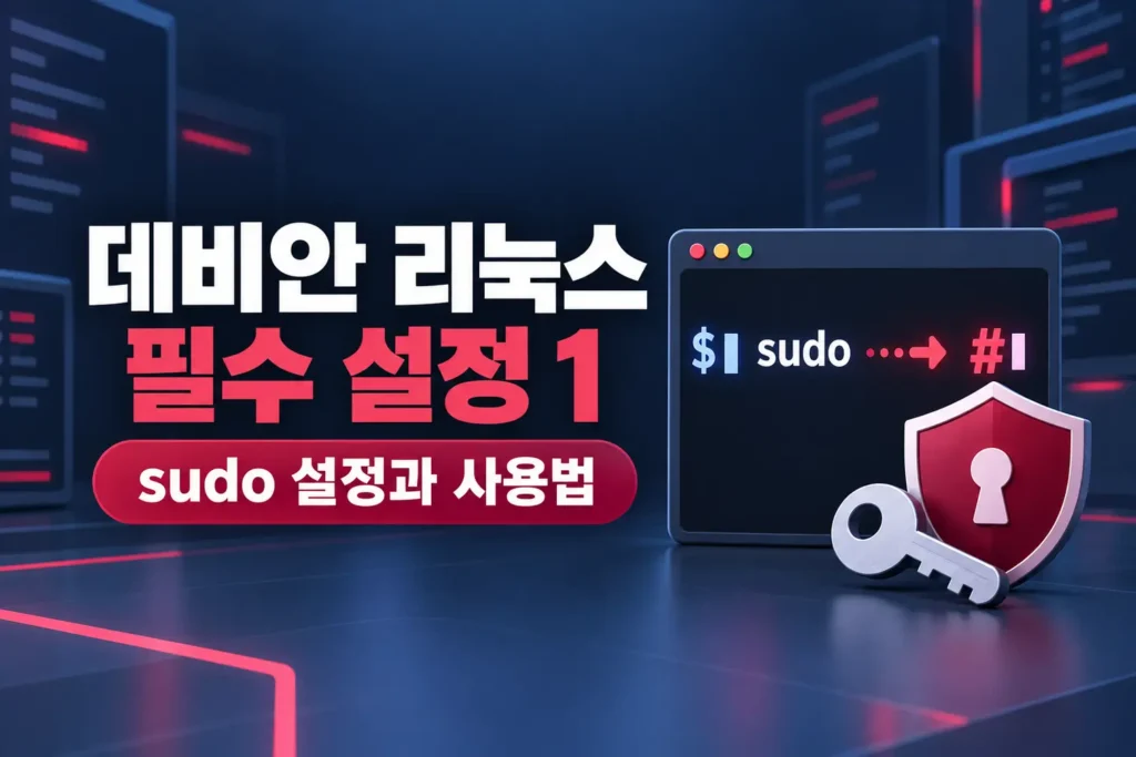 데비안 리눅스 sudo 설정과 관리자 권한 사용을 표현한 터미널·방패·열쇠 가로 섬네일