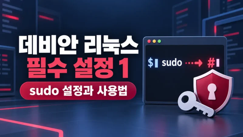 데비안 리눅스 sudo 설정과 관리자 권한 사용을 표현한 터미널·방패·열쇠 가로 섬네일