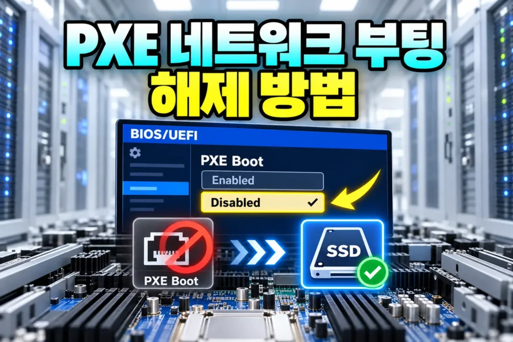 BIOS·UEFI의 PXE Boot를 Disabled로 설정하고 SSD로 부팅하는 흐름을 가로로 배치한 섬네일