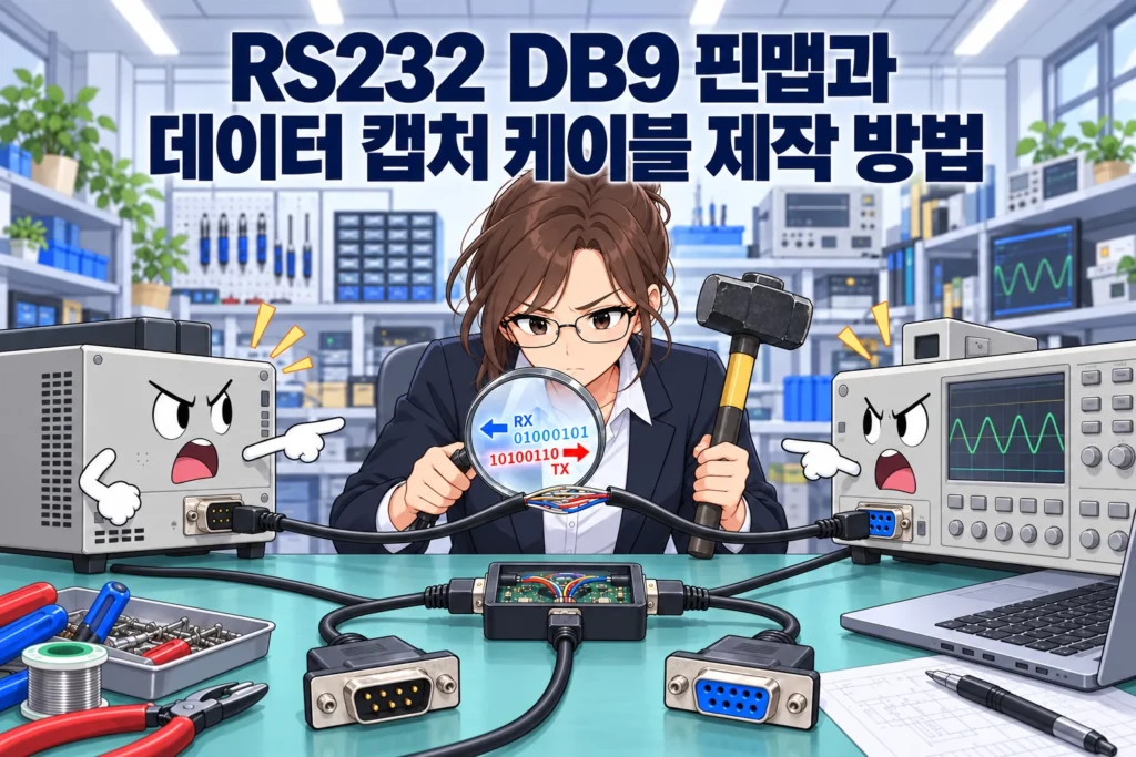 두 RS232 장비 사이의 DB9 케이블에서 RX·TX 데이터 흐름을 검사하는 캡처 케이블 제작 방법을 안내하는 가로 섬네일
