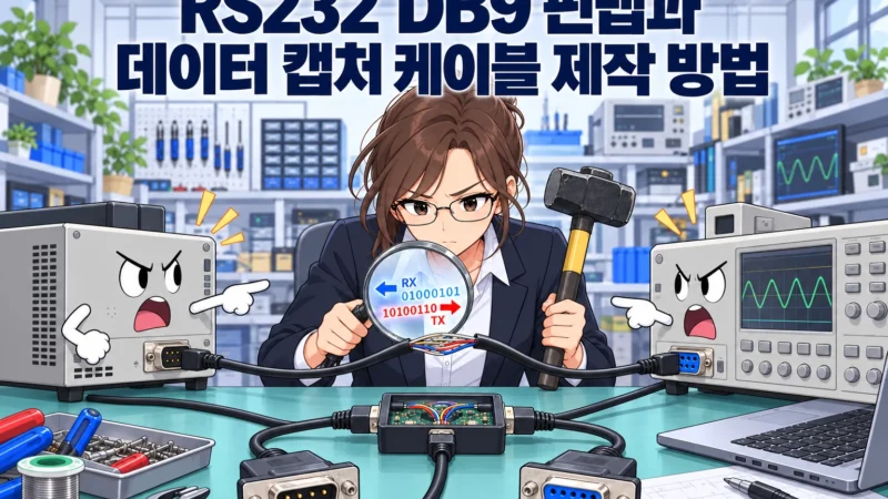 두 RS232 장비 사이의 DB9 케이블에서 RX·TX 데이터 흐름을 검사하는 캡처 케이블 제작 방법을 안내하는 가로 섬네일