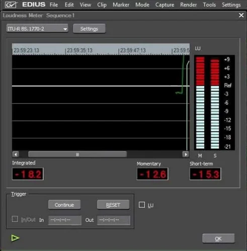 EDIUS Loudness Meter에 누적·모멘터리·숏텀 라우드니스 측정값이 표시된 화면