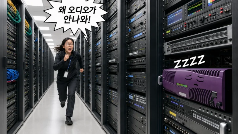 방송국 랙실에서 오디오 출력 장애를 발견한 엔지니어가 장비를 향해 달려오는 모습을 묘사한 가로 섬네일