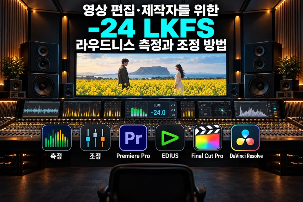 제주 유채꽃밭 영화 장면이 표시된 오디오 마스터링 스튜디오와 -24 LKFS 라우드니스 측정·조정 및 주요 영상 편집 프로그램 아이콘이 표시된 가로 섬네일 이미지