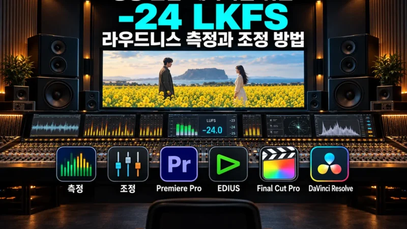 제주 유채꽃밭 영화 장면이 표시된 오디오 마스터링 스튜디오와 -24 LKFS 라우드니스 측정·조정 및 주요 영상 편집 프로그램 아이콘이 표시된 가로 섬네일 이미지