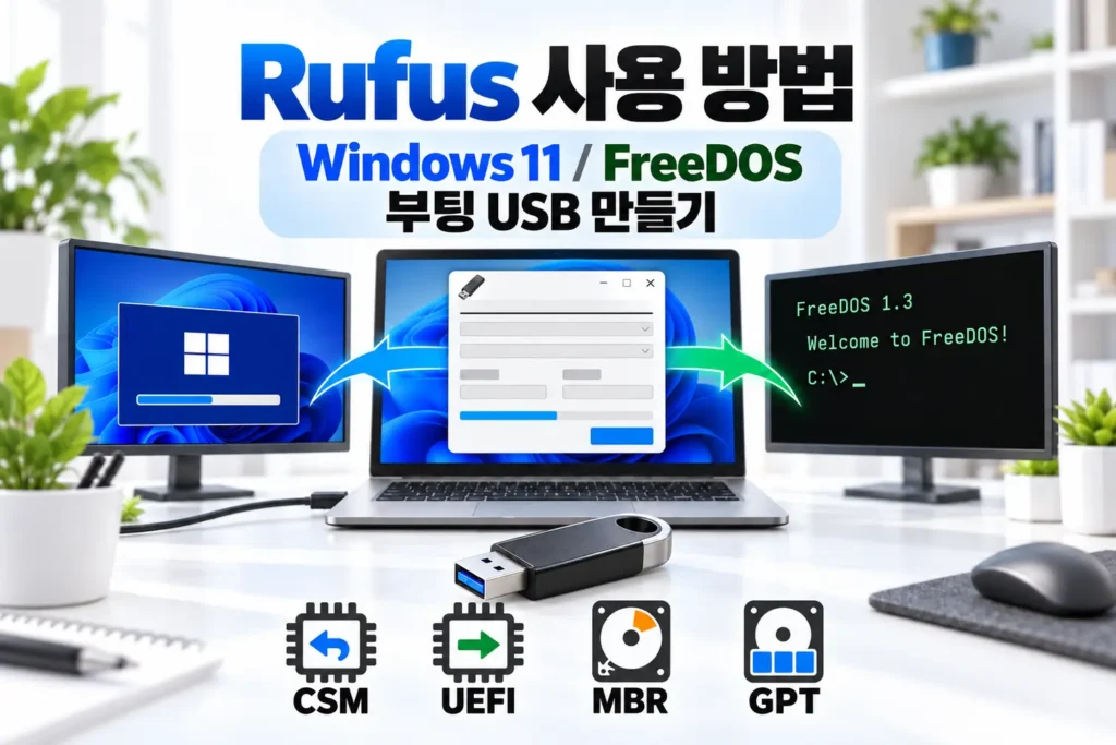 Rufus 화면과 USB 메모리, Windows 11·FreeDOS 부팅 화면 및 CSM·UEFI·MBR·GPT 아이콘 가로 섬네일