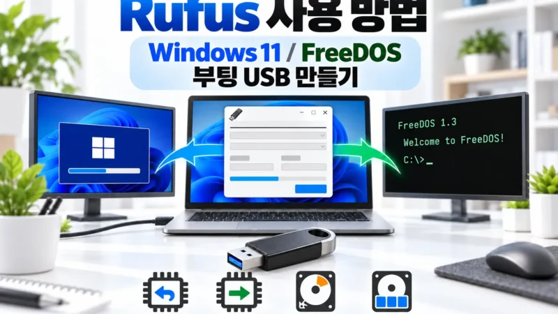 Rufus 화면과 USB 메모리, Windows 11·FreeDOS 부팅 화면 및 CSM·UEFI·MBR·GPT 아이콘 가로 섬네일