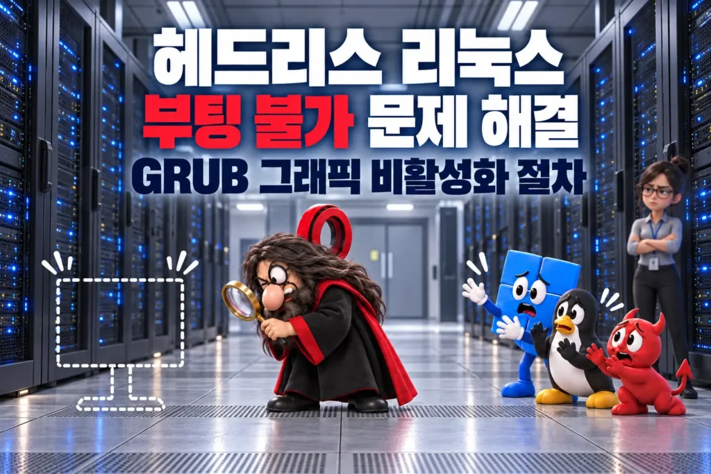 모니터 EDID 정보를 찾느라 부팅을 진행하지 못하는 GRUB과 부팅 순서를 기다리는 리눅스, 윈도우, BSD를 묘사한 가로 섬네일 이미지