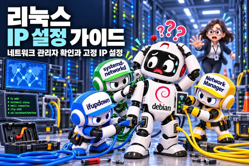 서버실에서 ifupdown, systemd-networkd, NetworkManager가 데비안 리눅스 로봇의 네트워크 연결을 동시에 조정하고, 당황한 엔지니어가 달려오는 모습