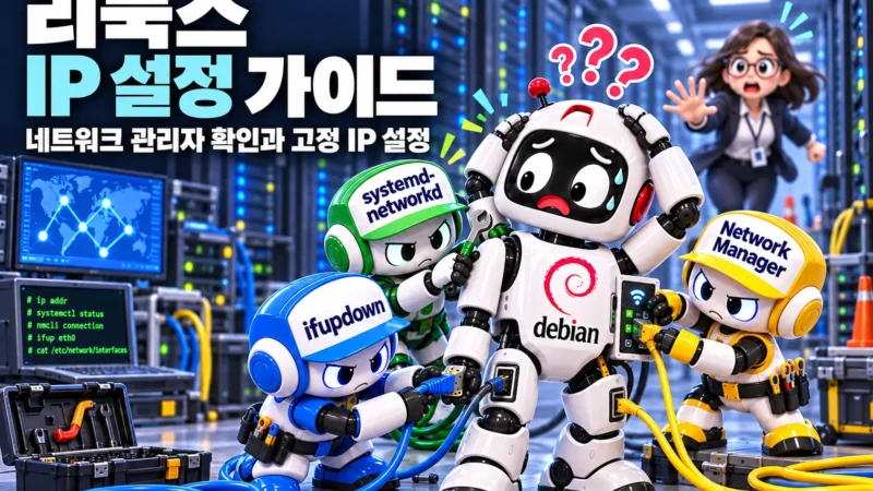 서버실에서 ifupdown, systemd-networkd, NetworkManager가 데비안 리눅스 로봇의 네트워크 연결을 동시에 조정하고, 당황한 엔지니어가 달려오는 모습