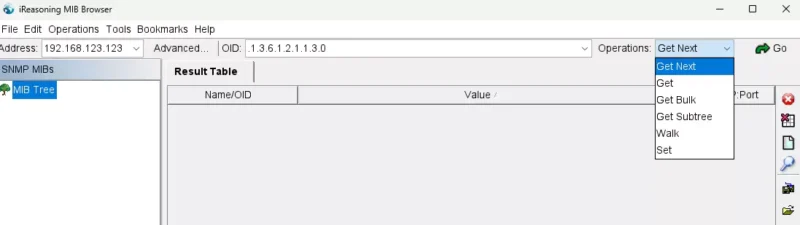 iReasoning MIB Browser에서 Get Next와 Get, Get Bulk, Get Subtree, Walk 및 Set 작업을 선택하는 Operations 메뉴