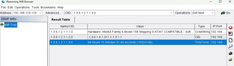 iReasoning MIB Browser가 Get Next로 시스템 정보와 sysObjectID 및 sysUpTime 값을 조회한 결과