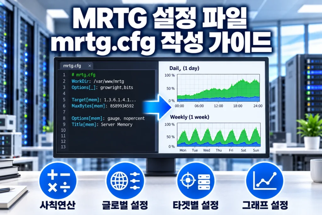 mrtg.cfg 설정 코드와 MRTG 그래프 아래에 사칙연산, 글로벌 설정, 타겟별 설정 및 그래프 설정 아이콘을 배치한 가로형 섬네일