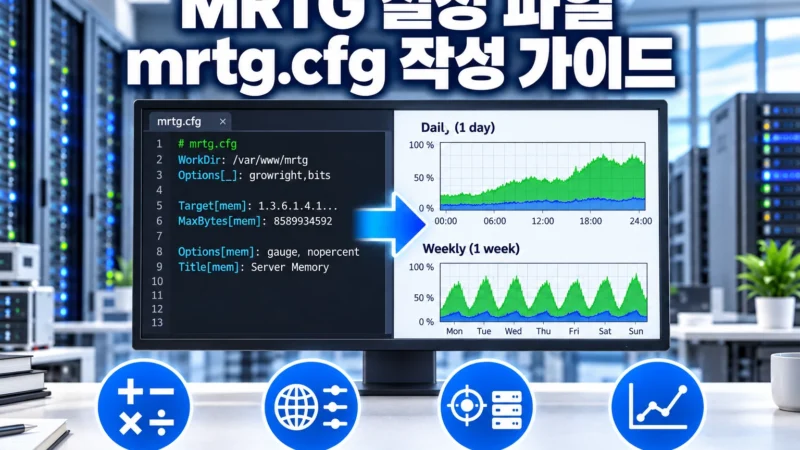 mrtg.cfg 설정 코드와 MRTG 그래프 아래에 사칙연산, 글로벌 설정, 타겟별 설정 및 그래프 설정 아이콘을 배치한 가로형 섬네일