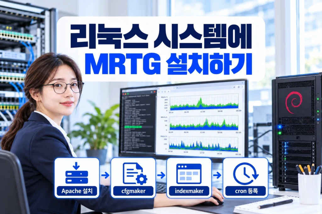리눅스 서버에서 MRTG를 설치하고 Apache 설치, cfgmaker, indexmaker 및 cron 등록을 진행하는 가로형 섬네일