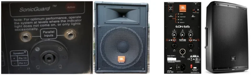 패시브 JBL MR925 스피커와 파워앰프 및 입력 패널이 내장된 JBL EON615 액티브 스피커 비교