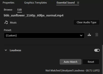 Adobe Premiere Pro Essential Sound 패널의 Loudness Auto-Match 버튼과 -18.71 LUFS 분석값